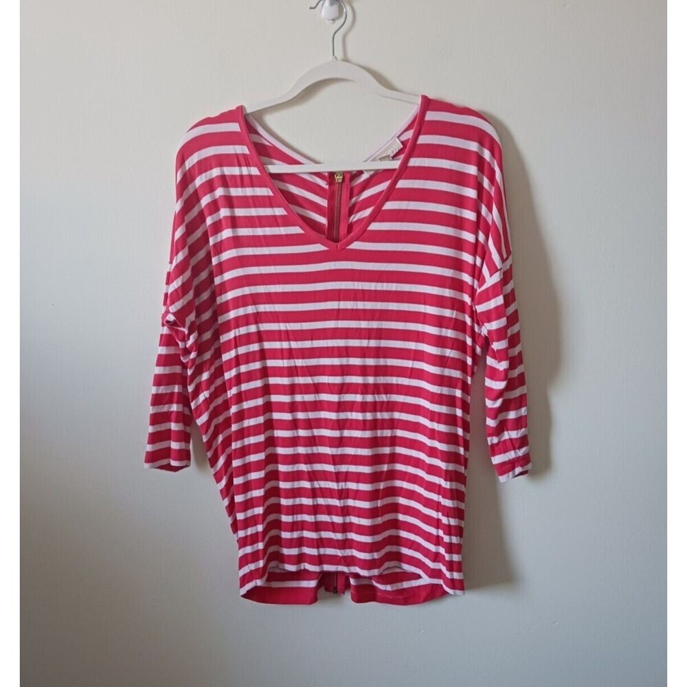 Michael Kors Womens Striped Blouse Top Red White 3/4 Sleeve Zip Stretch‎ Size S